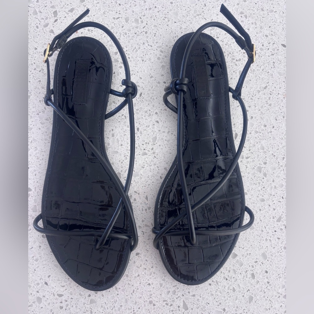 SCHUTZ Malta Black Croc-Embossed Strappy Flat Sandals Size 9.5